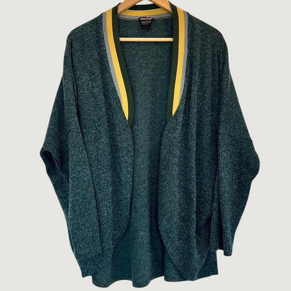 Luna Chix Women's Cardigan Sz M Green Yellow Stripe Oversized Dolman Open Front